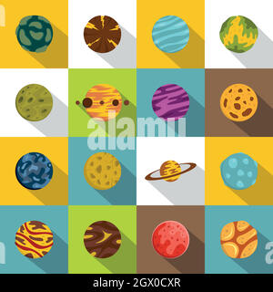 Fantastic planets icons set, flat style Stock Vector