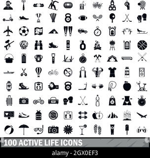 100 active life icons set in simple style Stock Vector