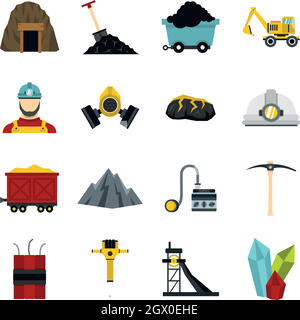 Miner set flat icons Stock Vector