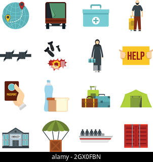 Refugees problem set flat icons Stock Vector