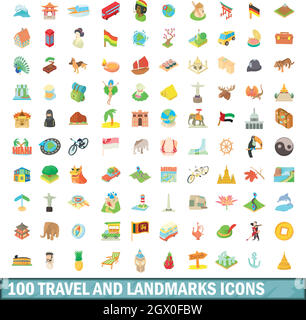 100 travel and landmarks icons set, cartoon style Stock Vector