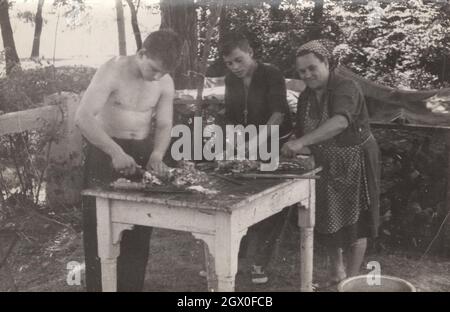 super vintage lifestyle monochrome photograph from the 1950's or 1960s. Two boy are helping for a lady ( possible them mother) to chopping and cutting the meat outside the garden summertime. They have a big table which fuction is being chopping board.They have all tools what they need, knifes, axe, and a key which is hanging on the younger boy's neck as a necklace. Location: unknown. Period: 1950s or 1960s. Source: original photograph. Stock Photo