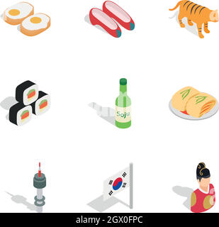 Symbols of South Korea icons, isometric 3d style Stock Vector