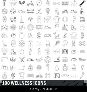 100 wellness icons set, outline style Stock Vector