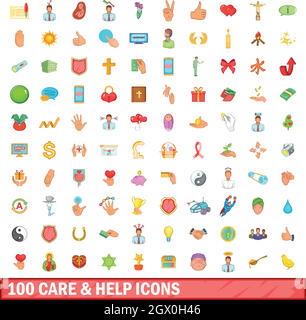 100 care and help icons set, cartoon style Stock Vector