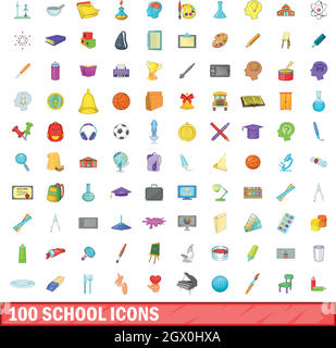 100 school icons set, cartoon style Stock Vector