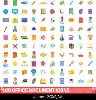 100 office document icons set, cartoon style Stock Vector