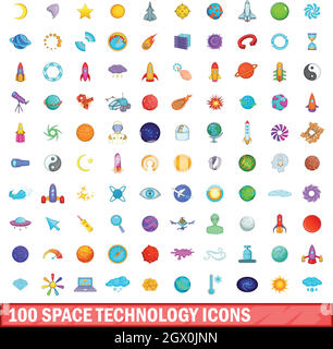 100 space technology icons set, cartoon style Stock Vector