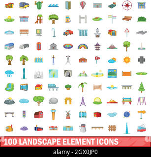 100 landscape element icons set, cartoon style Stock Vector