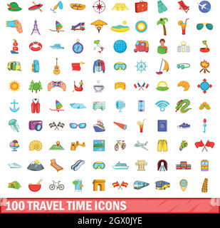 100 travel time icons set, cartoon style Stock Vector