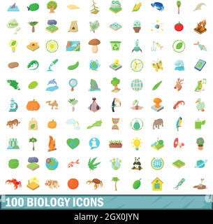 100 biology icons set, cartoon style Stock Vector