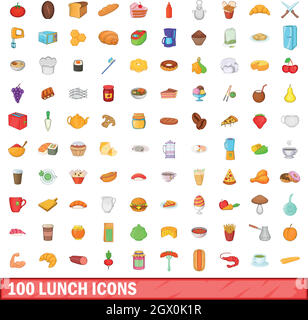 100 lunch icons set, cartoon style Stock Vector