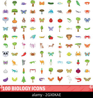 100 biology icons set, cartoon style Stock Vector