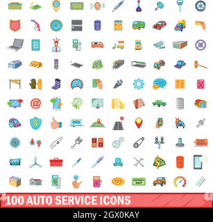 100 auto service icons set, cartoon style Stock Vector