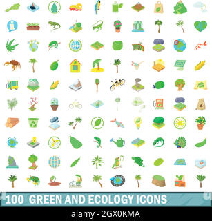 100 green and ecology icons set, cartoon style Stock Vector