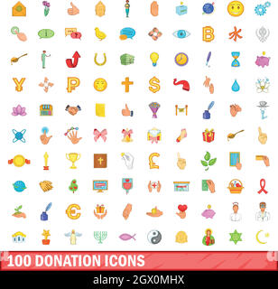 100 donation icons set, cartoon style Stock Vector