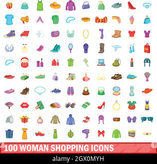 100 woman shopping icons set, cartoon style Stock Vector