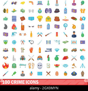 100 crime icons set, cartoon style Stock Vector