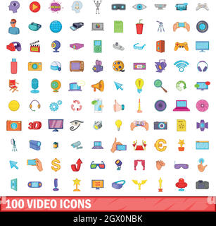100 video icons set, cartoon style Stock Vector