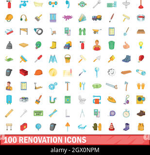 100 renovation icons set, cartoon style Stock Vector