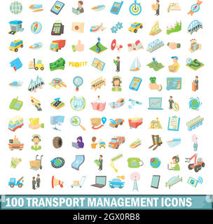 100 transport management icons set, cartoon style Stock Vector