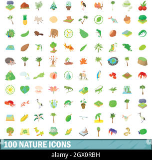 100 nature icons set, cartoon style Stock Vector
