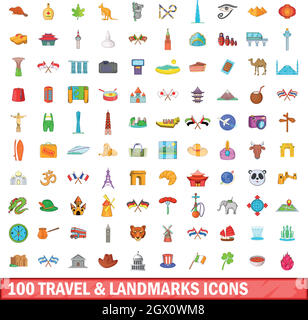 100 travel and landmarks icons set, cartoon style Stock Vector