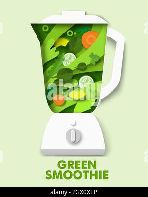 Blender with delicious green vegetable smoothie, vector paper cut illustration. Healthy drink. Food rich in vitamins. Stock Vector