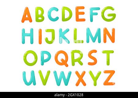 Colorful children font. Glossy kids alphabet in cartoon style. Vector typography for school, preschool and kindergarten design. Stock Vector