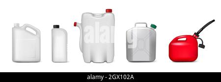 Blank plastic canister, container for liquid products, package bottle mockup set, vector isolated illustration. Stock Vector