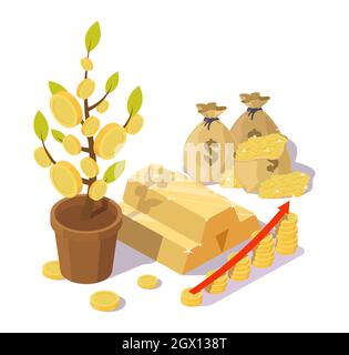 Money tree, gold bars, money bags, flat vector isometric illustration. Investment in gold concept. Stock Vector