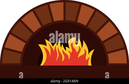 Brick pizza oven with fire icon, flat style Stock Vector