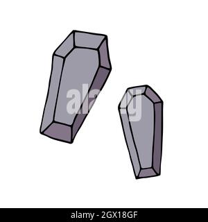 Vector doodle coffin set. Outline coffin isolated on white background. Hand-drawn Gray casket death symbol. Rest in Peace illustration. Halloween, Day Stock Vector