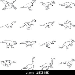 Dinosaur icons set, outline style Stock Vector