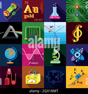 Science research icons set, flat style Stock Vector