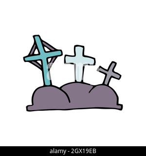 Vector doodle crosses. Gray color grave isolated on white background. Crooked crosses on the tomb on the hills. Cemetery cartoon landscape. Sign of Ha Stock Vector