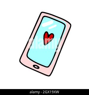 Doodle smartphone with cute heart. Hand-drawn message chat on white background. Sign of communication, chatting, mail, dialog, Valentines Day, love. P Stock Vector
