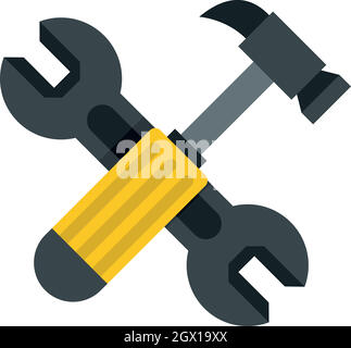 Crossed wrench and hammer icon, flat style Stock Vector