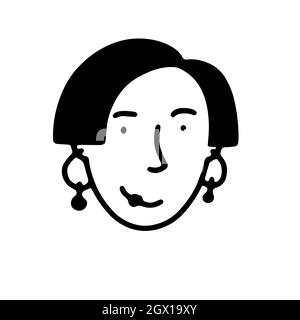 Doodle girls face. Hand-drawn outline human isolated on white background. Funny Avatar. Cartoon woman. Female beautiful portrait. Bob Hairstyle, earri Stock Vector