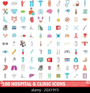 100 hospital and clinic icons set, cartoon style Stock Vector