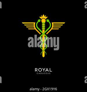 Caduceus royal icon with snakes, crown and wings shape. Medical vector logo design. Stock Vector