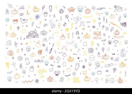Big Doodle Happy Halloween set. Hand-drawn ghost, pumpkin, candles, skulls, bat on white background. Cute scary horror characters banner for fall holi Stock Vector