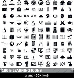 100 e-learning icons set in simple style Stock Vector