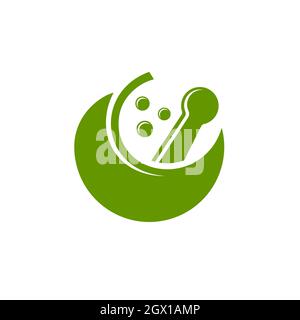 Bowl icon with pestle and leaves on white background. Organic herbal medicine logo design. Stock Vector