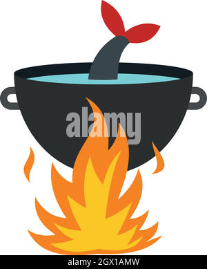 Cooking fish soup on a fire icon, flat style Stock Vector
