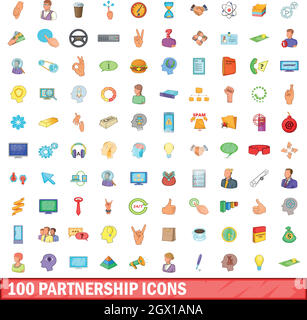 100 partnership icons set, cartoon style Stock Vector