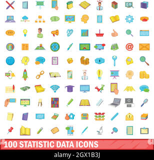 100 statistic data icons set, cartoon style Stock Vector