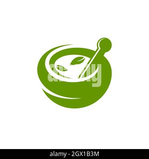 Bowl icon with pestle and leaves on white background. Organic herbal medicine logo design. Stock Vector