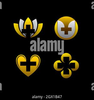 Gold colored heart icons with leaves, shield and cross shape. Medical or love luxury logo set. Stock Vector
