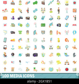 100 media icons set, cartoon style Stock Vector